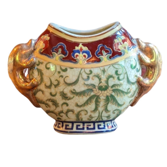 Porcelain China Vase Green Gold Burgundy Palm Trees with Off White Crackle Glaze - Picture 2 of 6